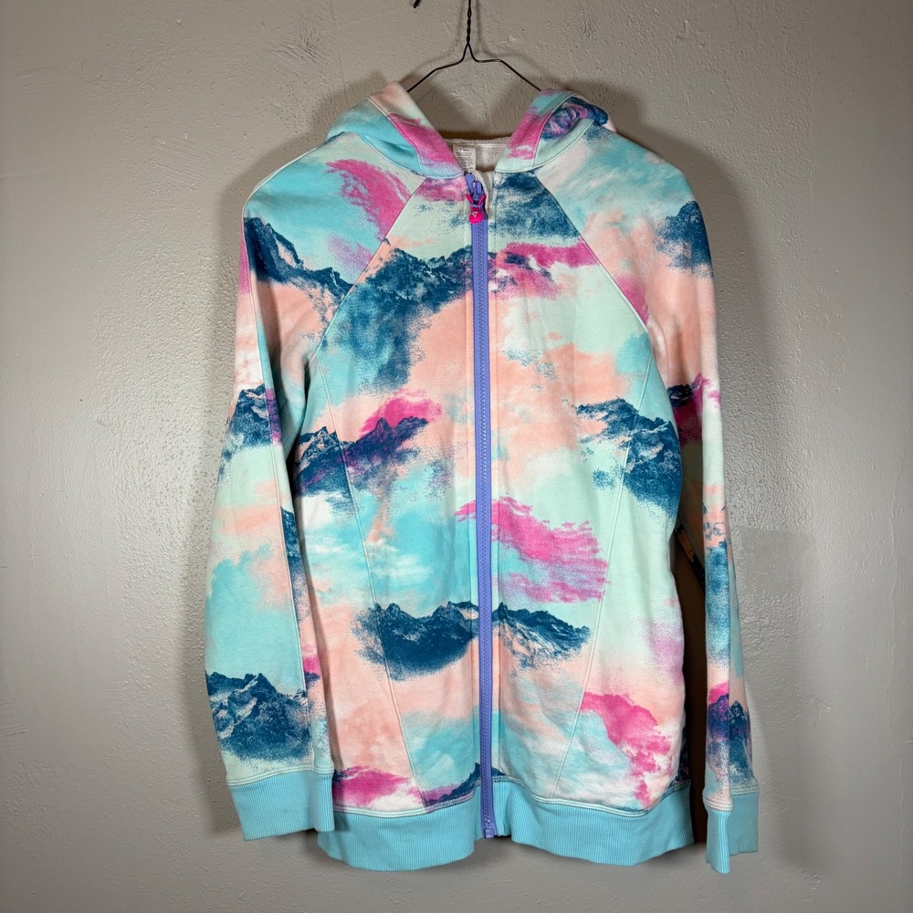 Ivivva Lululemon Girls Size 12 Mountain Print Full Zip Fleece Hoodie Blue Pink